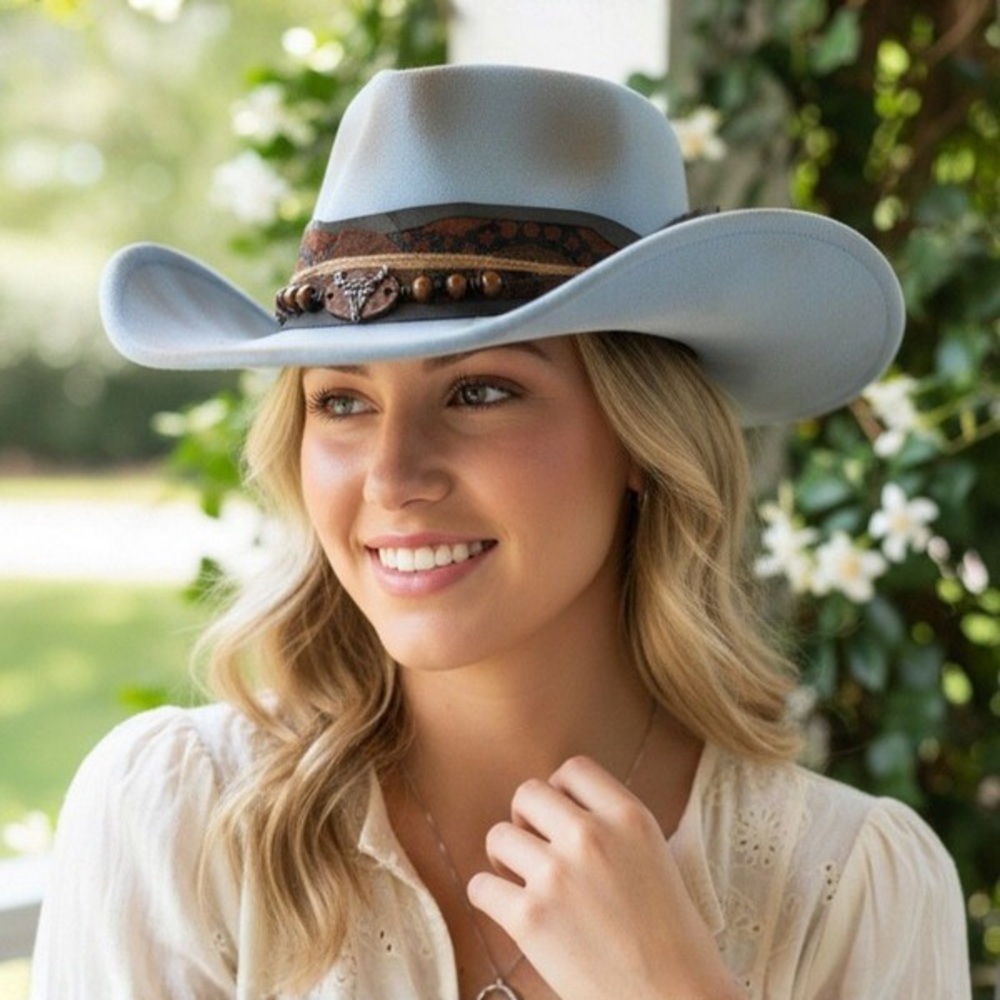 Light Blue & Brown Vintage Inspired Distressed Band Rustic Western Fedora Hat